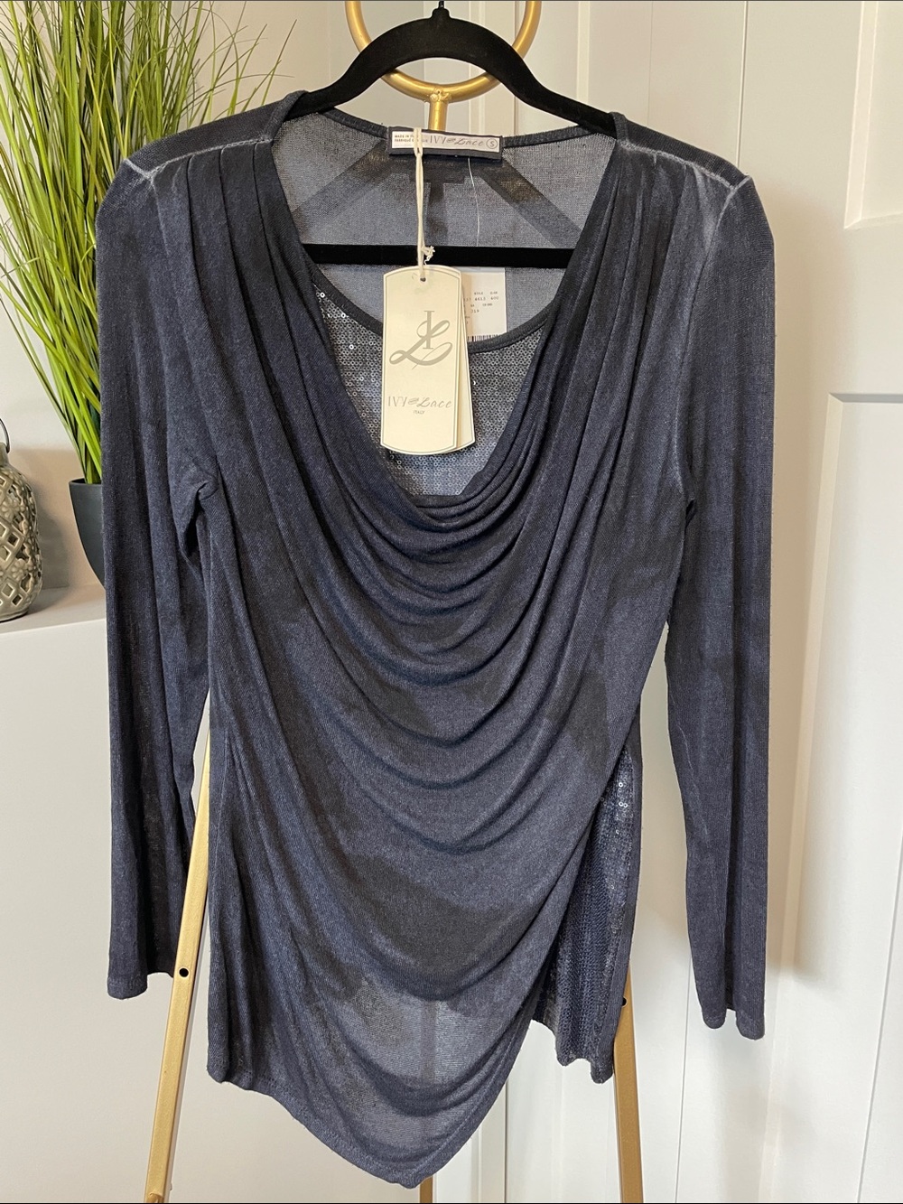Ivy and Lace, Draped Cowl Neck Long Sleeve Top, Dark blue, size S